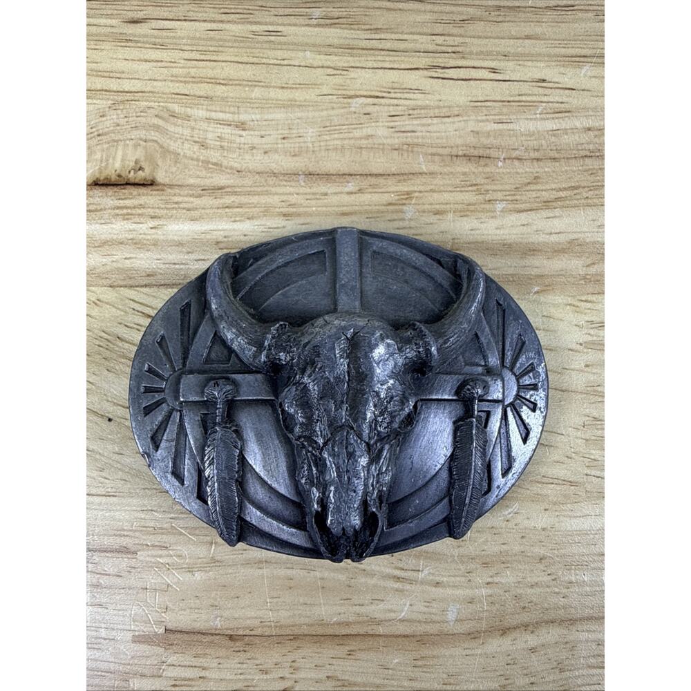 1986 Bull Skull & Feather Siskiyou U-40 Belt Buckle Made in USA